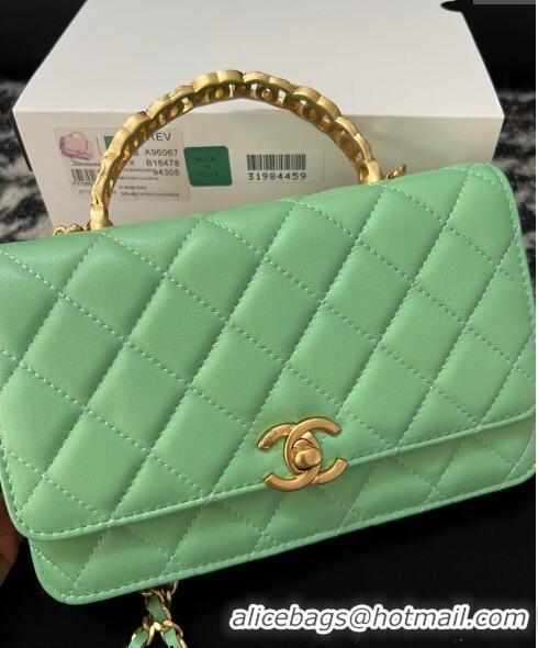 Top Quality Chanel Shiny Lambskin Wallet On Chain WOC with CC Top Handle AP3944 Light Green 2024