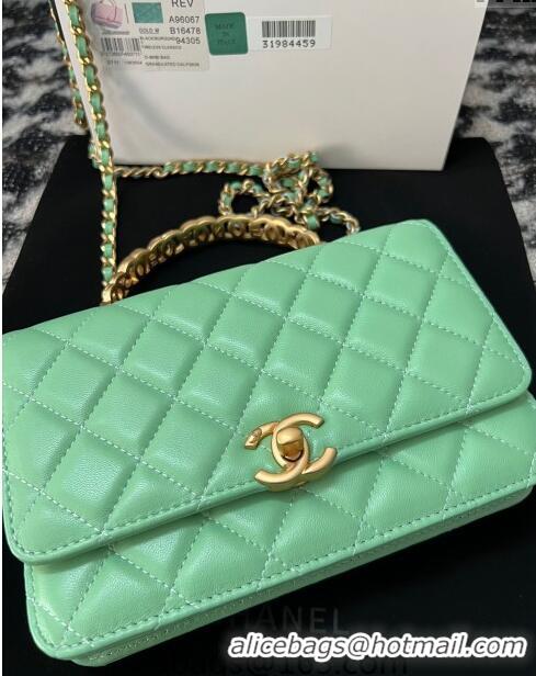 Top Quality Chanel Shiny Lambskin Wallet On Chain WOC with CC Top Handle AP3944 Light Green 2024