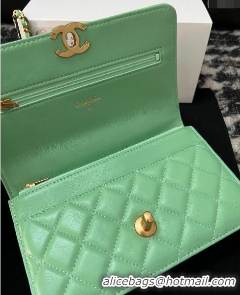 Top Quality Chanel Shiny Lambskin Wallet On Chain WOC with CC Top Handle AP3944 Light Green 2024