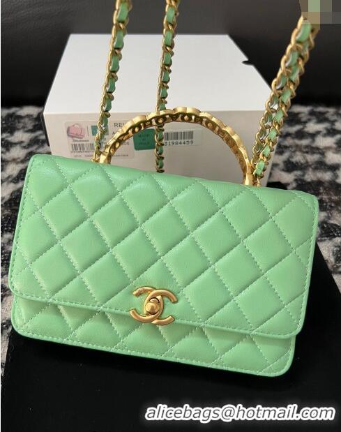 Top Quality Chanel Shiny Lambskin Wallet On Chain WOC with CC Top Handle AP3944 Light Green 2024