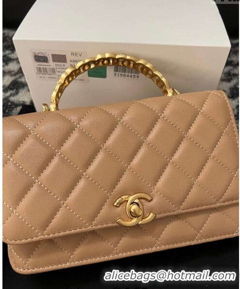 Best Quality Chanel Shiny Lambskin Wallet On Chain WOC with CC Top Handle AP3944 Beige 2024