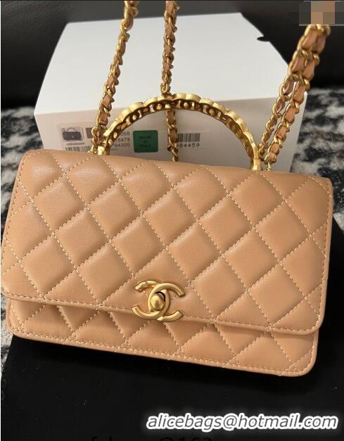 Best Quality Chanel Shiny Lambskin Wallet On Chain WOC with CC Top Handle AP3944 Beige 2024