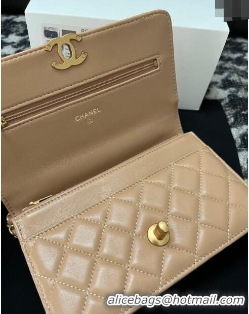 Best Quality Chanel Shiny Lambskin Wallet On Chain WOC with CC Top Handle AP3944 Beige 2024