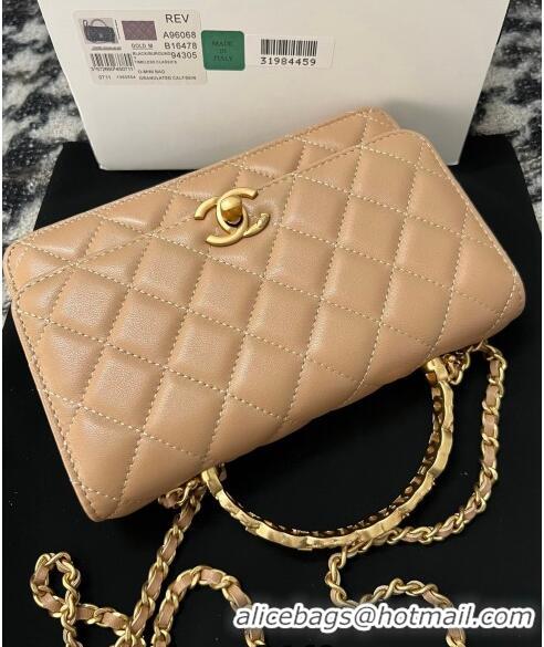 Best Quality Chanel Shiny Lambskin Wallet On Chain WOC with CC Top Handle AP3944 Beige 2024