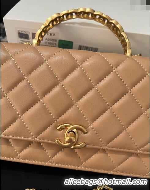 Best Quality Chanel Shiny Lambskin Wallet On Chain WOC with CC Top Handle AP3944 Beige 2024