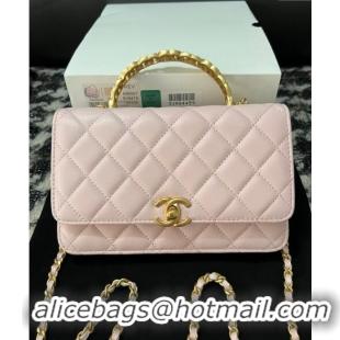 Buy Discount Chanel Shiny Lambskin Wallet On Chain WOC with CC Top Handle AP3944 Light Pink 2024