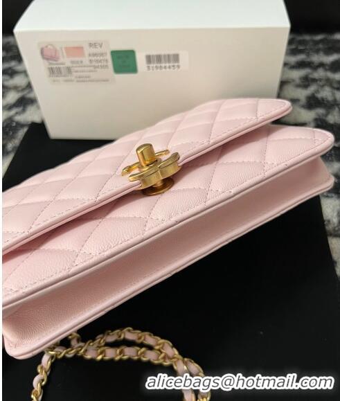 Buy Discount Chanel Shiny Lambskin Wallet On Chain WOC with CC Top Handle AP3944 Light Pink 2024