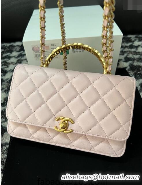 Buy Discount Chanel Shiny Lambskin Wallet On Chain WOC with CC Top Handle AP3944 Light Pink 2024