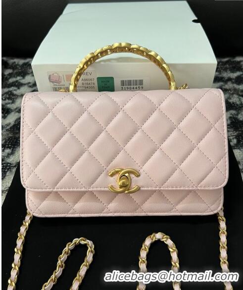 Buy Discount Chanel Shiny Lambskin Wallet On Chain WOC with CC Top Handle AP3944 Light Pink 2024