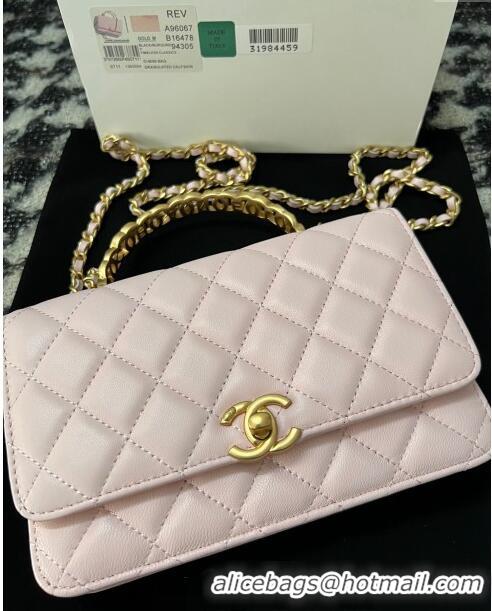 Buy Discount Chanel Shiny Lambskin Wallet On Chain WOC with CC Top Handle AP3944 Light Pink 2024