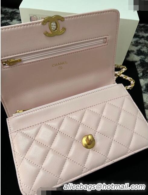 Buy Discount Chanel Shiny Lambskin Wallet On Chain WOC with CC Top Handle AP3944 Light Pink 2024