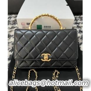 Inexpensive Chanel Shiny Lambskin Wallet On Chain WOC with CC Top Handle AP3944 Black 2024