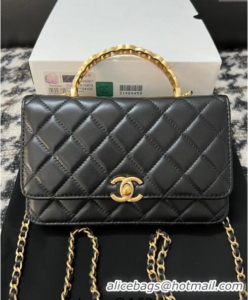 Inexpensive Chanel Shiny Lambskin Wallet On Chain WOC with CC Top Handle AP3944 Black 2024