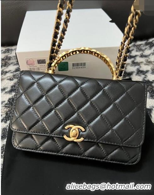 Inexpensive Chanel Shiny Lambskin Wallet On Chain WOC with CC Top Handle AP3944 Black 2024