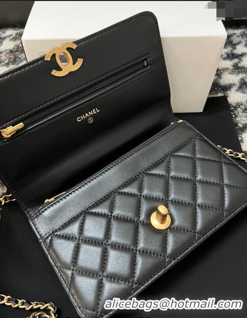 Inexpensive Chanel Shiny Lambskin Wallet On Chain WOC with CC Top Handle AP3944 Black 2024