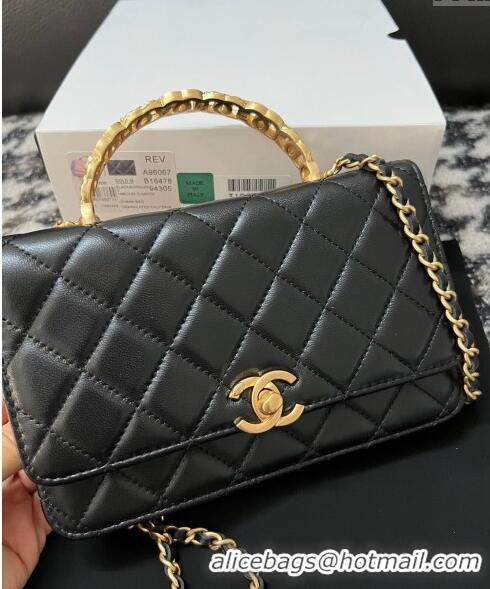 Inexpensive Chanel Shiny Lambskin Wallet On Chain WOC with CC Top Handle AP3944 Black 2024