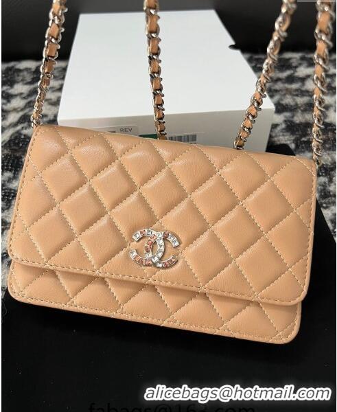 Famous Brand Chanel Lambskin Wallet On Chain WOC with Strass CC A96071 Beige 2024