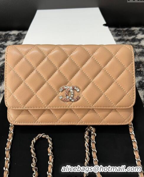 Famous Brand Chanel Lambskin Wallet On Chain WOC with Strass CC A96071 Beige 2024