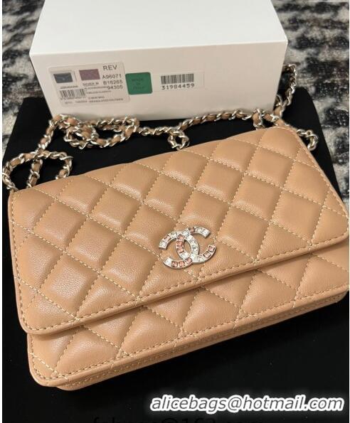 Famous Brand Chanel Lambskin Wallet On Chain WOC with Strass CC A96071 Beige 2024