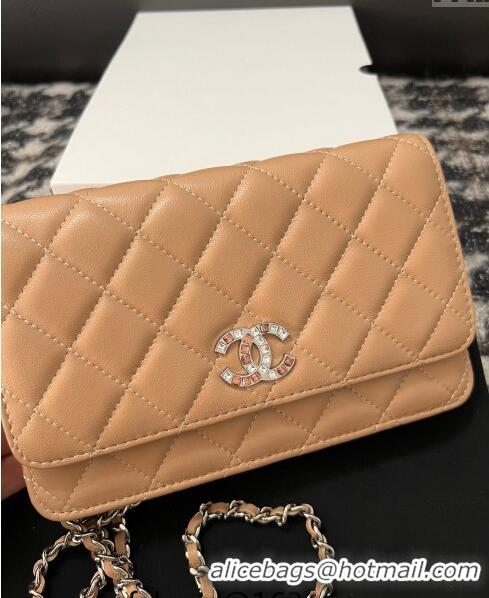 Famous Brand Chanel Lambskin Wallet On Chain WOC with Strass CC A96071 Beige 2024