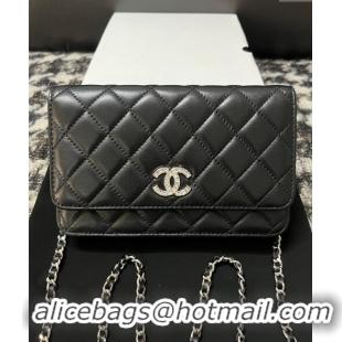 Top Quality Chanel Lambskin Wallet On Chain WOC with Strass CC A96071 Black 2024