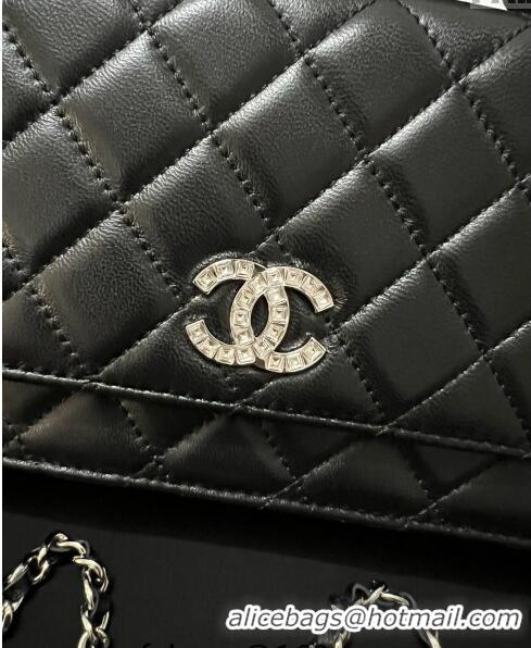 Top Quality Chanel Lambskin Wallet On Chain WOC with Strass CC A96071 Black 2024