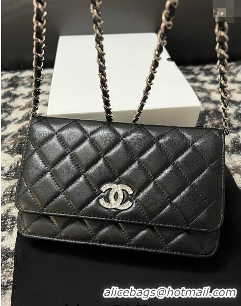 Top Quality Chanel Lambskin Wallet On Chain WOC with Strass CC A96071 Black 2024