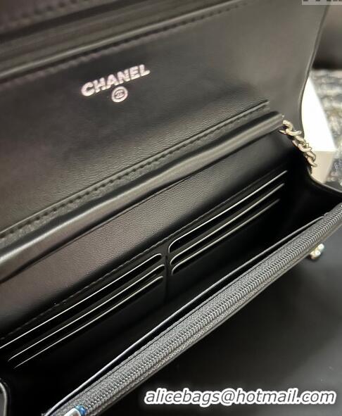 Top Quality Chanel Lambskin Wallet On Chain WOC with Strass CC A96071 Black 2024