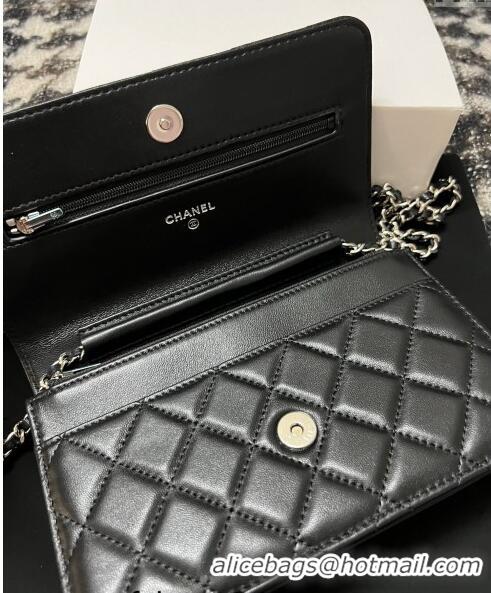 Top Quality Chanel Lambskin Wallet On Chain WOC with Strass CC A96071 Black 2024