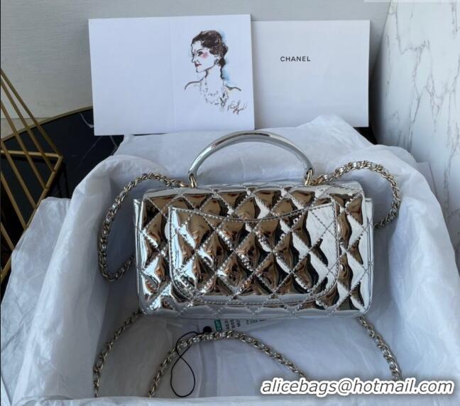 Promotional Chanel Patent Calfskin Mini Classic Flap bag with Top Handle AS2431 Silver 2024