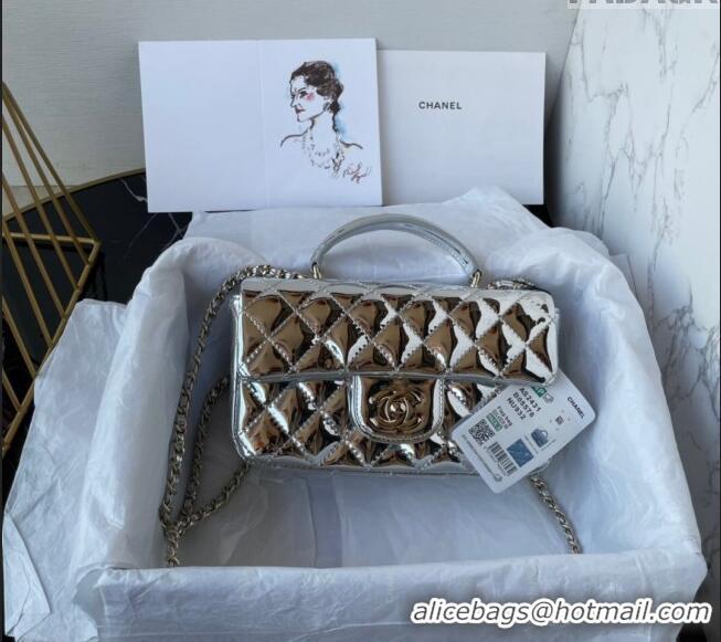 Promotional Chanel Patent Calfskin Mini Classic Flap bag with Top Handle AS2431 Silver 2024