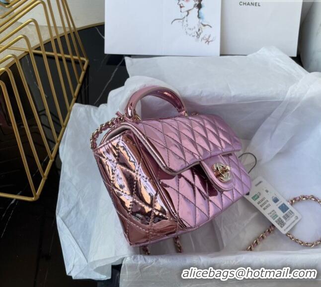 New Fashion Chanel Patent Calfskin Mini Classic Flap bag with Top Handle AS2431 Pink 2024