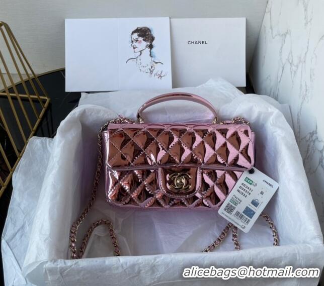 New Fashion Chanel Patent Calfskin Mini Classic Flap bag with Top Handle AS2431 Pink 2024