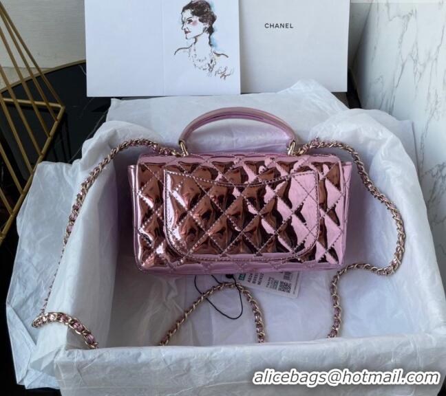 New Fashion Chanel Patent Calfskin Mini Classic Flap bag with Top Handle AS2431 Pink 2024