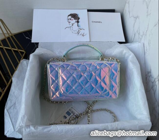 Free Shipping Chanel Iridescent Patent Calfskin Mini Classic Flap bag with Top Handle AS2431 Green 2024