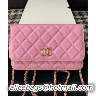 Free Shipping Chanel Grained Shiny Calfskin Wallet On Chain WOC AP3971 Pink 2024