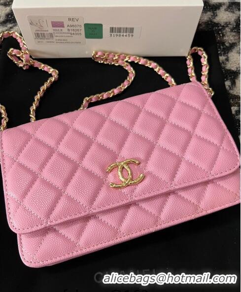 Free Shipping Chanel Grained Shiny Calfskin Wallet On Chain WOC AP3971 Pink 2024