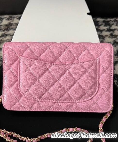 Free Shipping Chanel Grained Shiny Calfskin Wallet On Chain WOC AP3971 Pink 2024