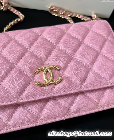 Free Shipping Chanel Grained Shiny Calfskin Wallet On Chain WOC AP3971 Pink 2024