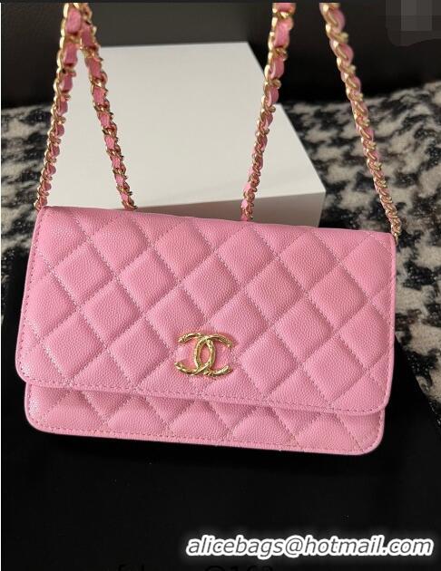 Free Shipping Chanel Grained Shiny Calfskin Wallet On Chain WOC AP3971 Pink 2024