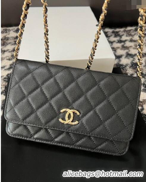 Trendy Design Chanel Grained Shiny Calfskin Wallet On Chain WOC AP3971 Black 2024