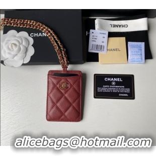 Grade Design Chanel Grained Calfskin Card Holder with Neck Strap A81110 Burgundy 2024