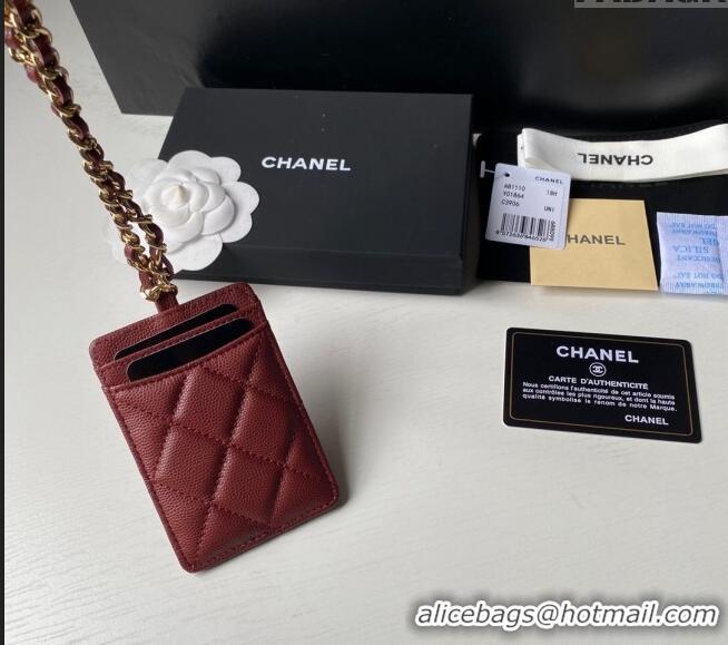 Grade Design Chanel Grained Calfskin Card Holder with Neck Strap A81110 Burgundy 2024