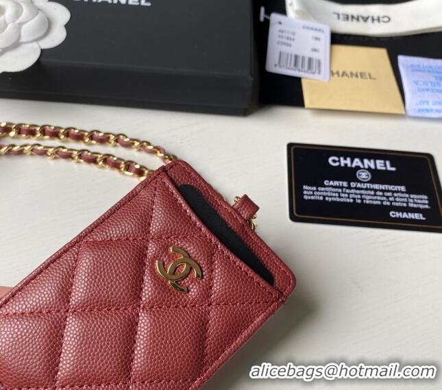 Grade Design Chanel Grained Calfskin Card Holder with Neck Strap A81110 Burgundy 2024