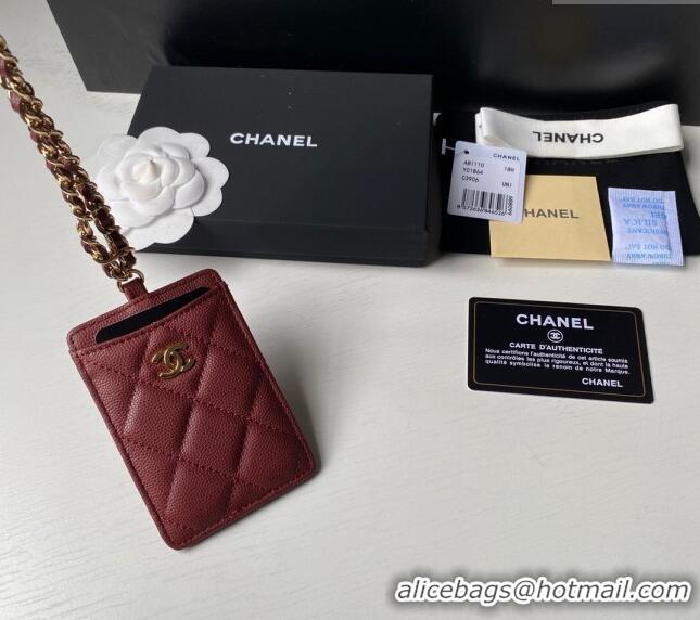 Grade Design Chanel Grained Calfskin Card Holder with Neck Strap A81110 Burgundy 2024