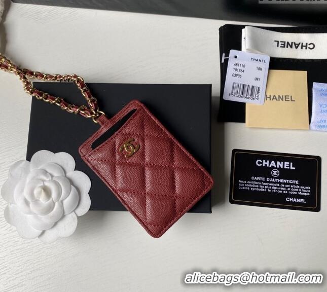 Grade Design Chanel Grained Calfskin Card Holder with Neck Strap A81110 Burgundy 2024