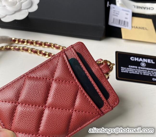 Grade Design Chanel Grained Calfskin Card Holder with Neck Strap A81110 Burgundy 2024