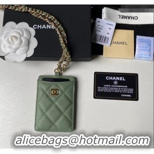 Good Product Chanel Grained Calfskin Card Holder with Neck Strap A81110 Green 2024