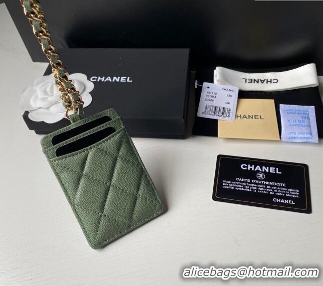 Good Product Chanel Grained Calfskin Card Holder with Neck Strap A81110 Green 2024