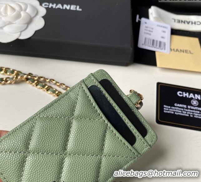 Good Product Chanel Grained Calfskin Card Holder with Neck Strap A81110 Green 2024